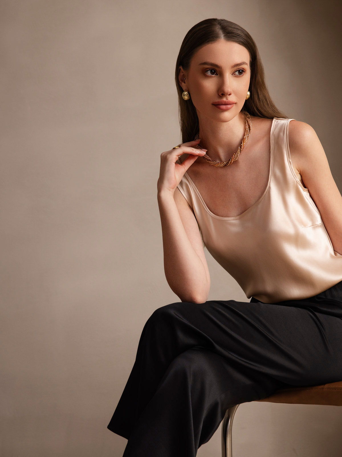 [Champán] SilkSilky-ES 19Momme Sin mangas Escote Cuchara Top de tirantes 004