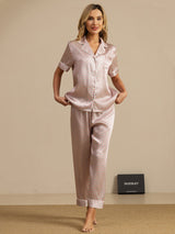 [Rosa Corazón Geo] SilkSilky-ES Short Sleeve Lapel Collar Pijamas de mujer 001