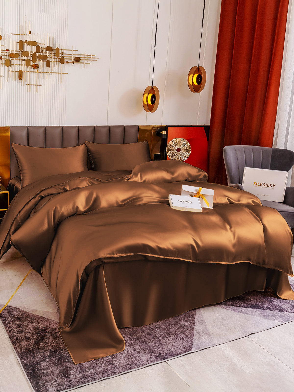 [Café] SilkSilky-ES 19Momme Juego de ropa de cama 003
