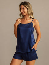 [Azul Oscuro] SilkSilky-ES 19Momme Seda Sin mangas Camisole Set 007