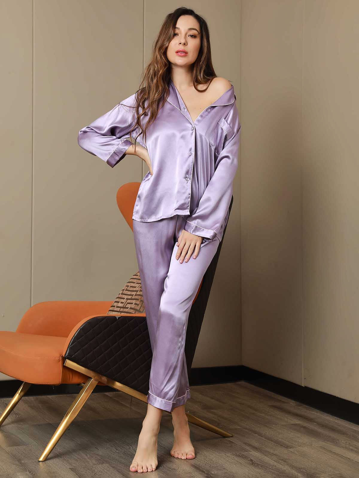 [Lavender] SilkSilky-AU Pure Silk Notch Collar Women's Pyjamas 004,