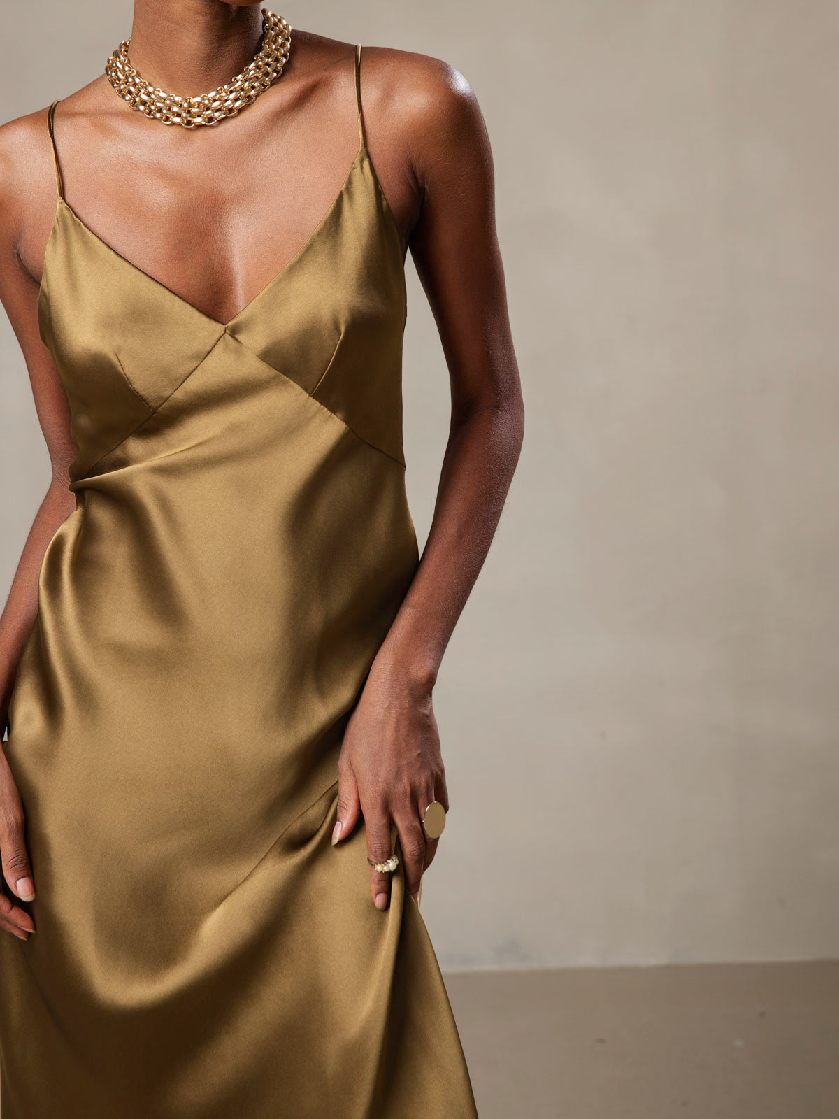 [Marrón] SilkSilky-ES 19Momme Seda Pura Cuello en V Vestido 003