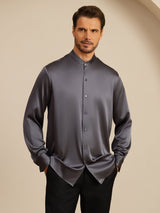 [Gris Oscuro] SilkSilky-ES Long Sleeve Stand Collar Camisa de hombre 001