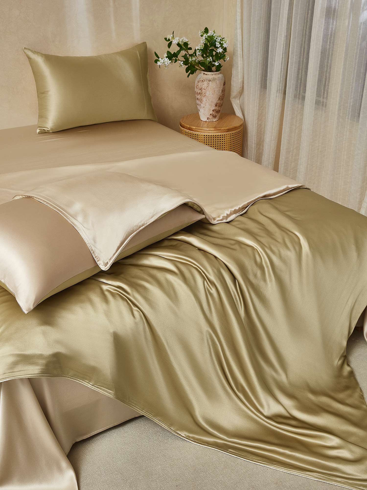 [Beige+Caqui] SilkSilky-ES 19Momme Juego de ropa de cama 001