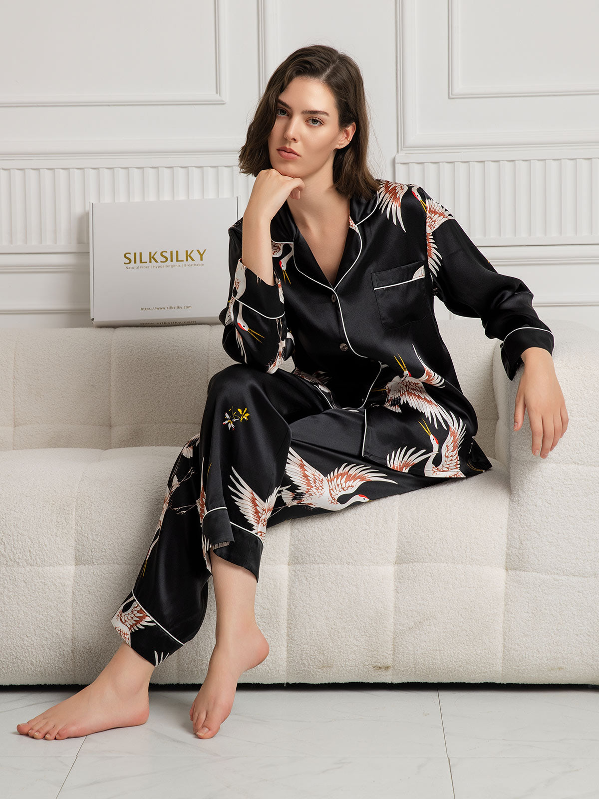[Negro] SilkSilky-ES 19Momme Seda Pura Womens Pajamas 001