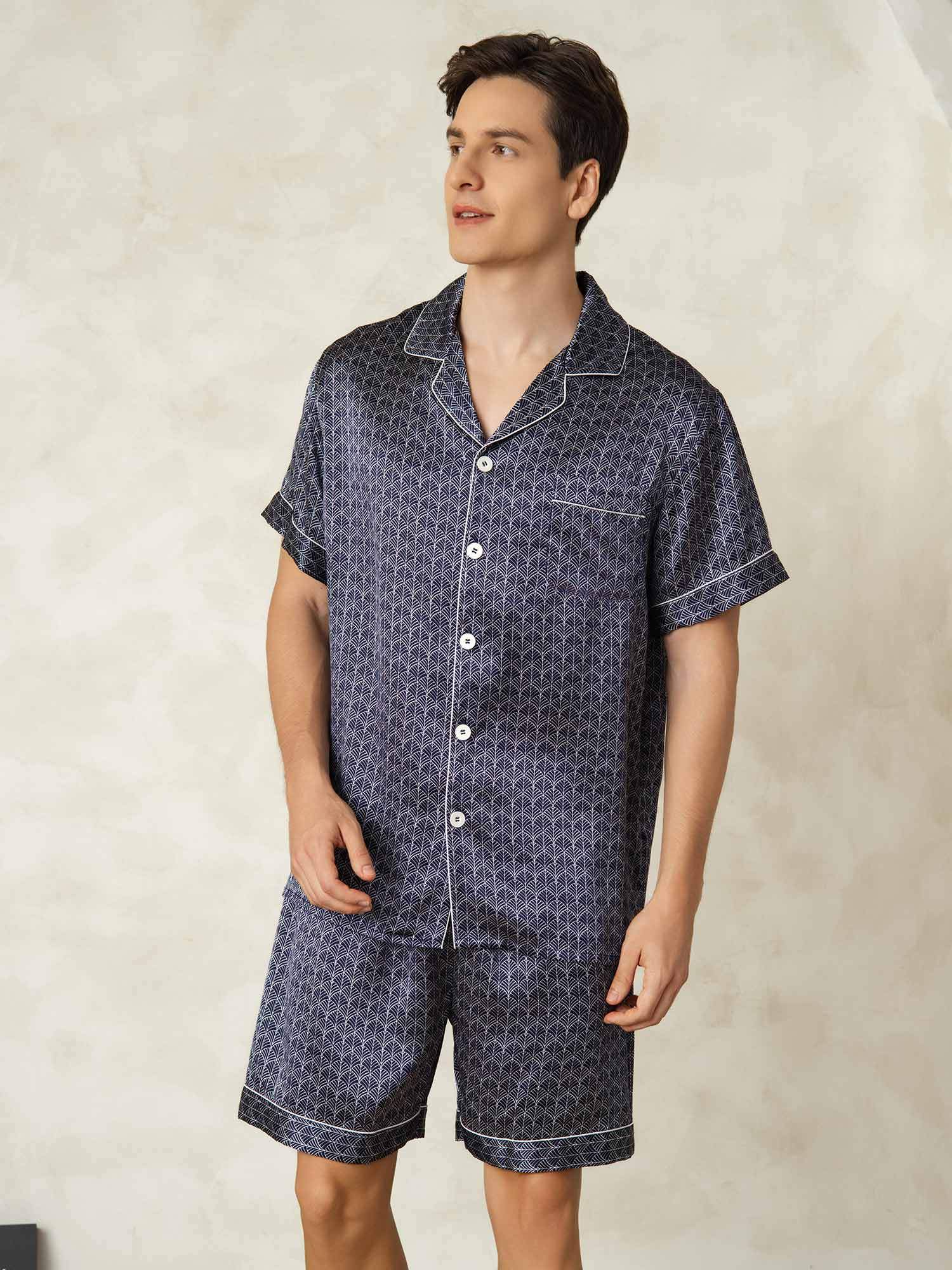 [GinkgoAzulMarino] SilkSilky-ES Seda Pura Lapel Collar Pijamas de hombre 004