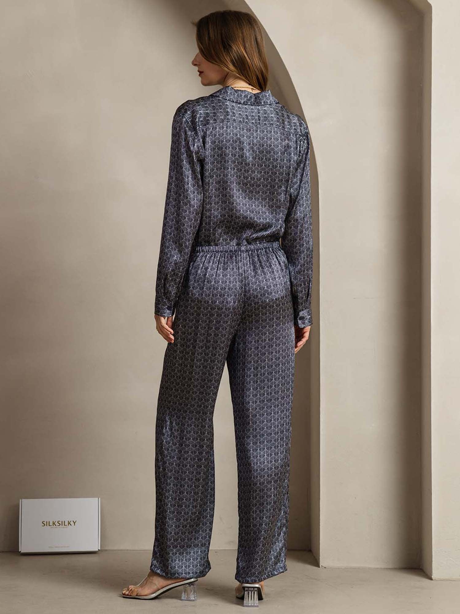 [GinkgoAzulMarino] SilkSilky-ES 19Momme Seda Lapel Collar Women''s Outfit Sets 002