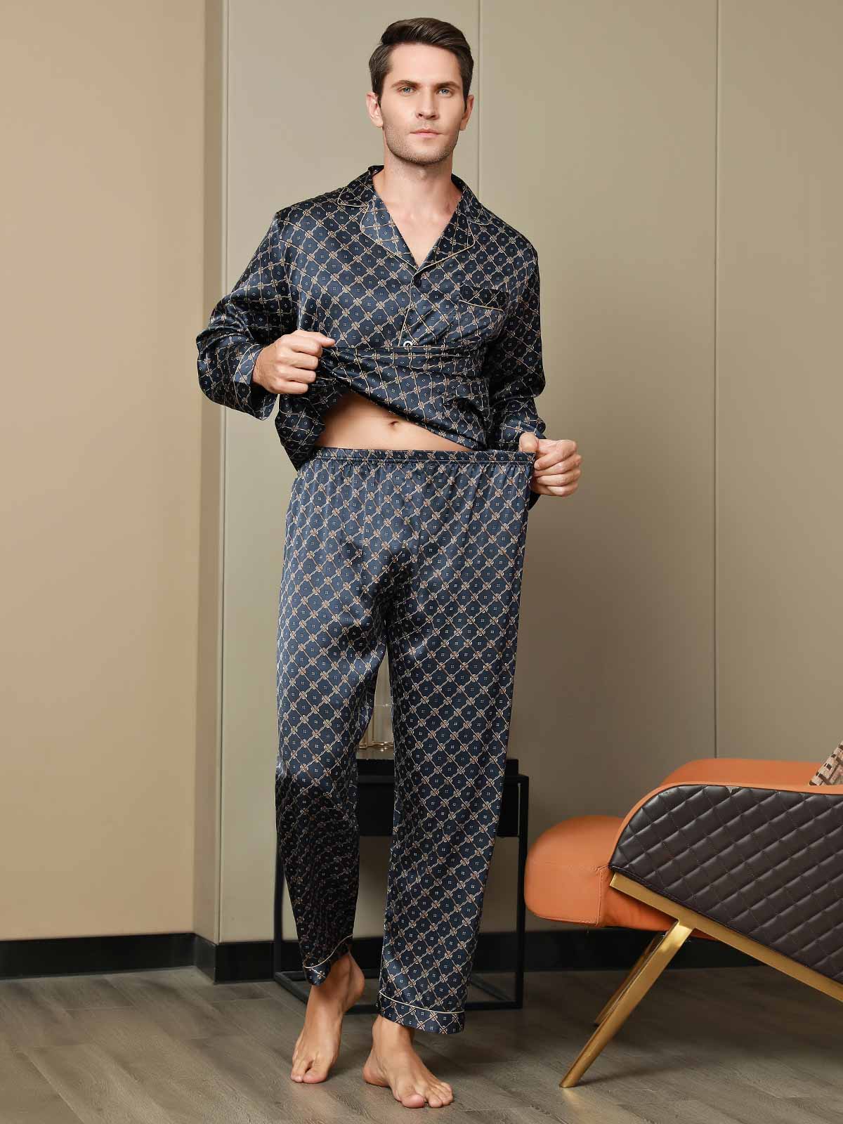 [Cadena Azul Marino] SilkSilky-ES Seda Pura Mens Pajamas 008