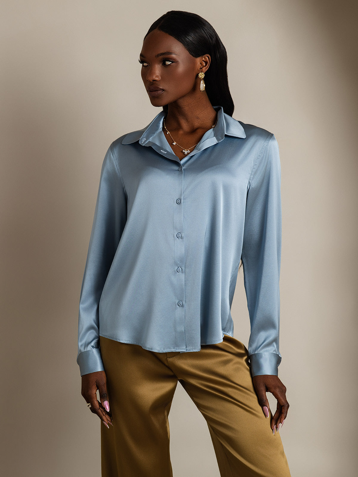 [Azul Grisáceo] SilkSilky-ES Seda Lapel Collar Blusas de Mujer 001