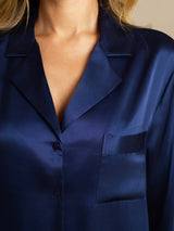 [Azul Oscuro] SilkSilky-ES Long Sleeve Lapel Collar Camisas de dormir 006