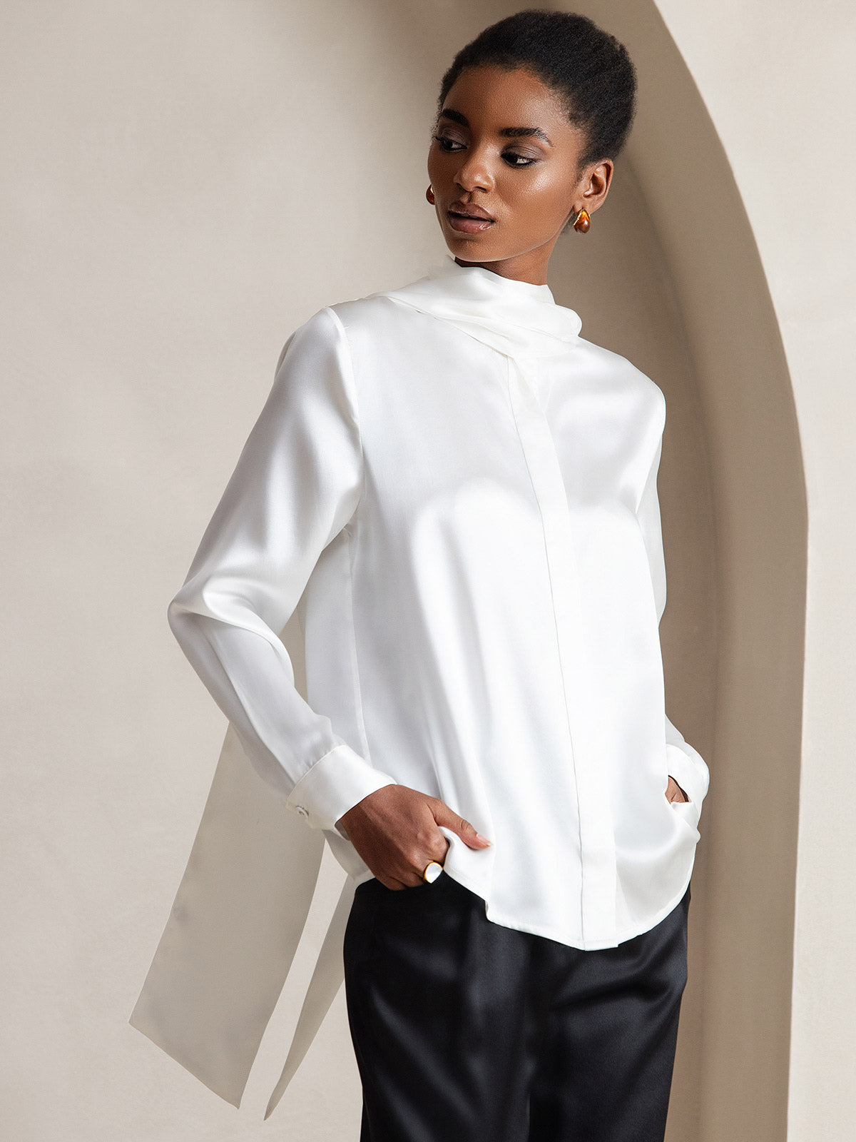 [Blanco] SilkSilky-ES 19Momme Seda Manga larga Corbata Blusas de Mujer 006