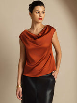 [Caramelo] SilkSilky-ES Cap Sleeve Cowl Neck Camisetas de Mujer 005
