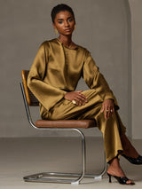 [Marrón] SilkSilky-ES Long Sleeve Boat Neck Blusa 007