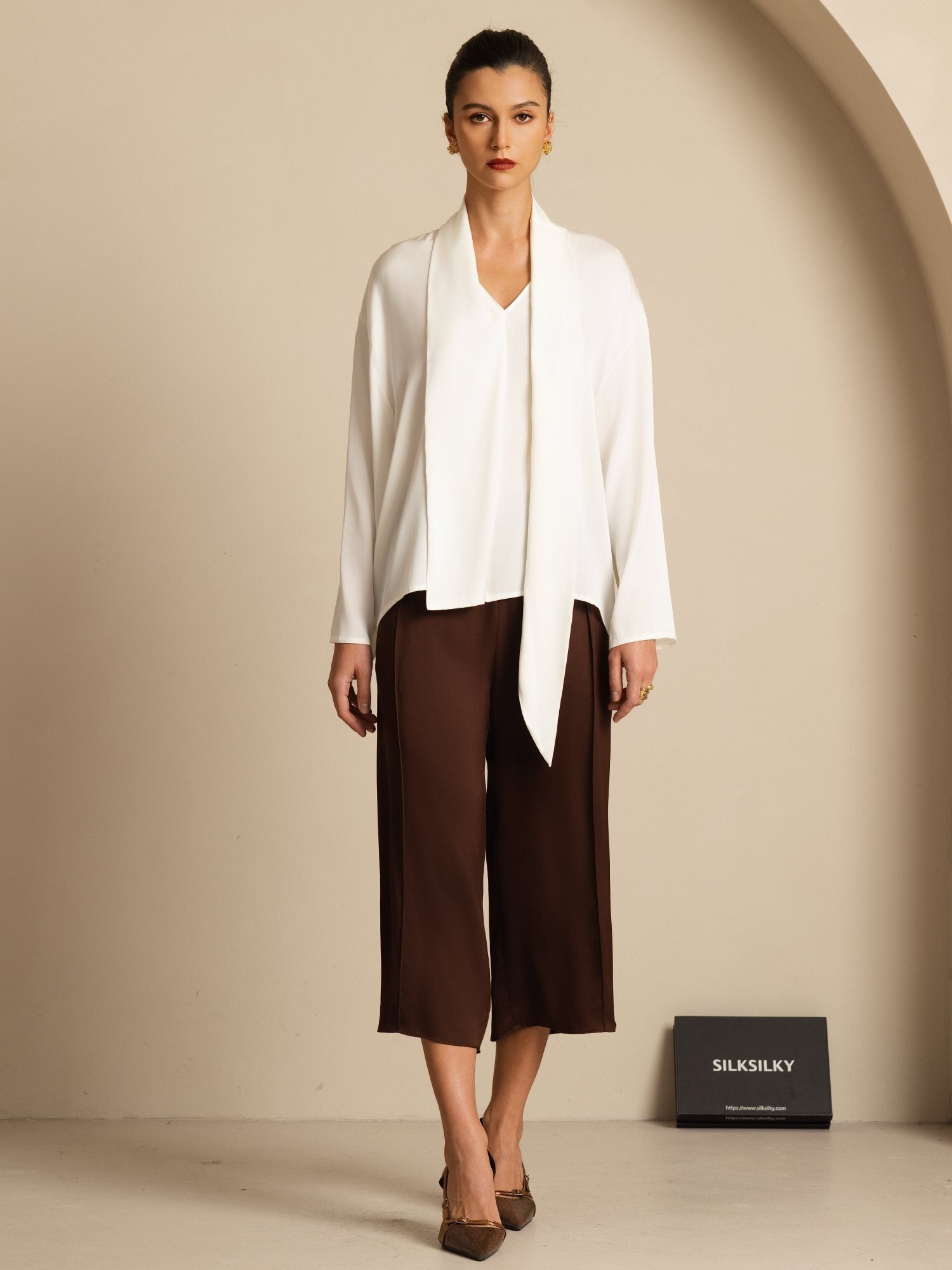 [Blanco] SilkSilky-ES 19Momme Seda Manga larga Cuello en V Blusa 006