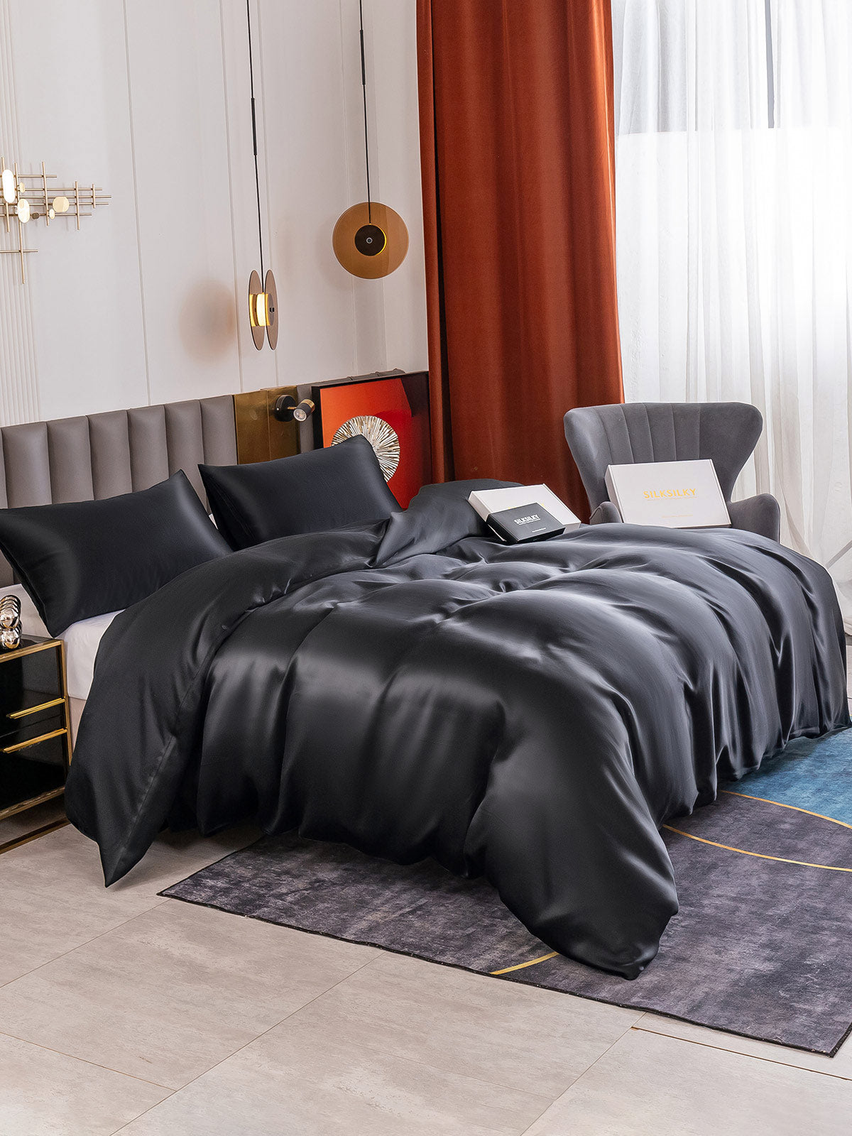 [Negro] SilkSilky-ES 19Momme Juego de ropa de cama 004