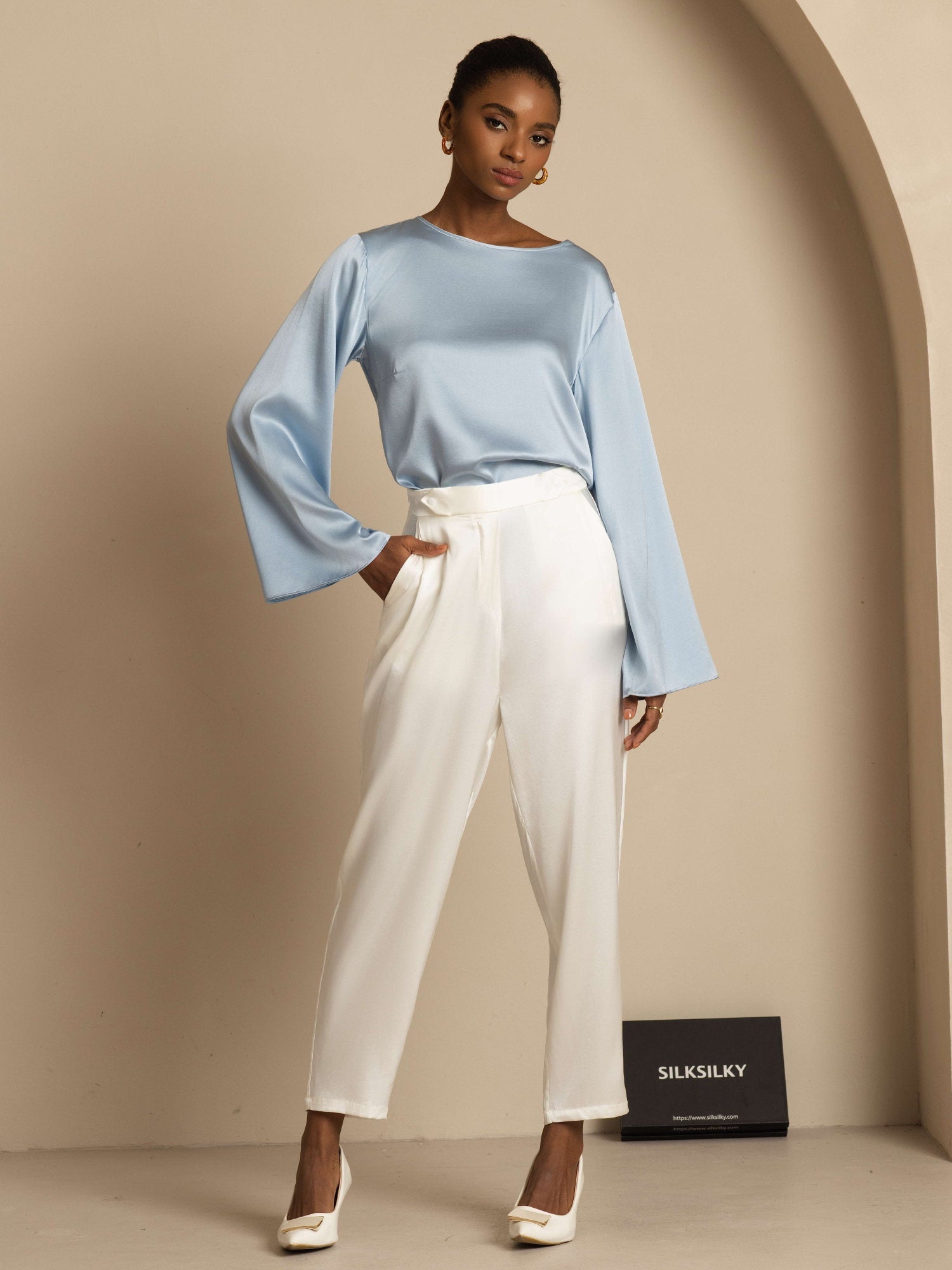 [Azul Grisáceo] SilkSilky-ES 19Momme Seda Manga larga Blouse 005