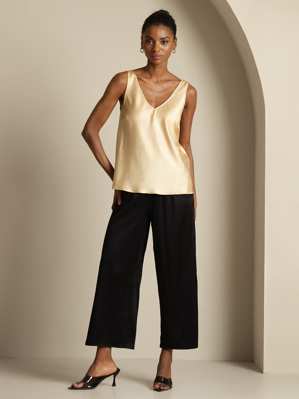 [Champán] SilkSilky-ES 19Momme Sin mangas Cuello en V Top de tirantes 008