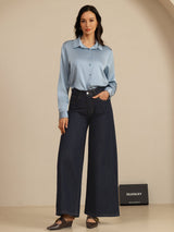 [Azul Grisáceo] SilkSilky-ES Long Sleeve Lapel Collar Blusas de Mujer 006