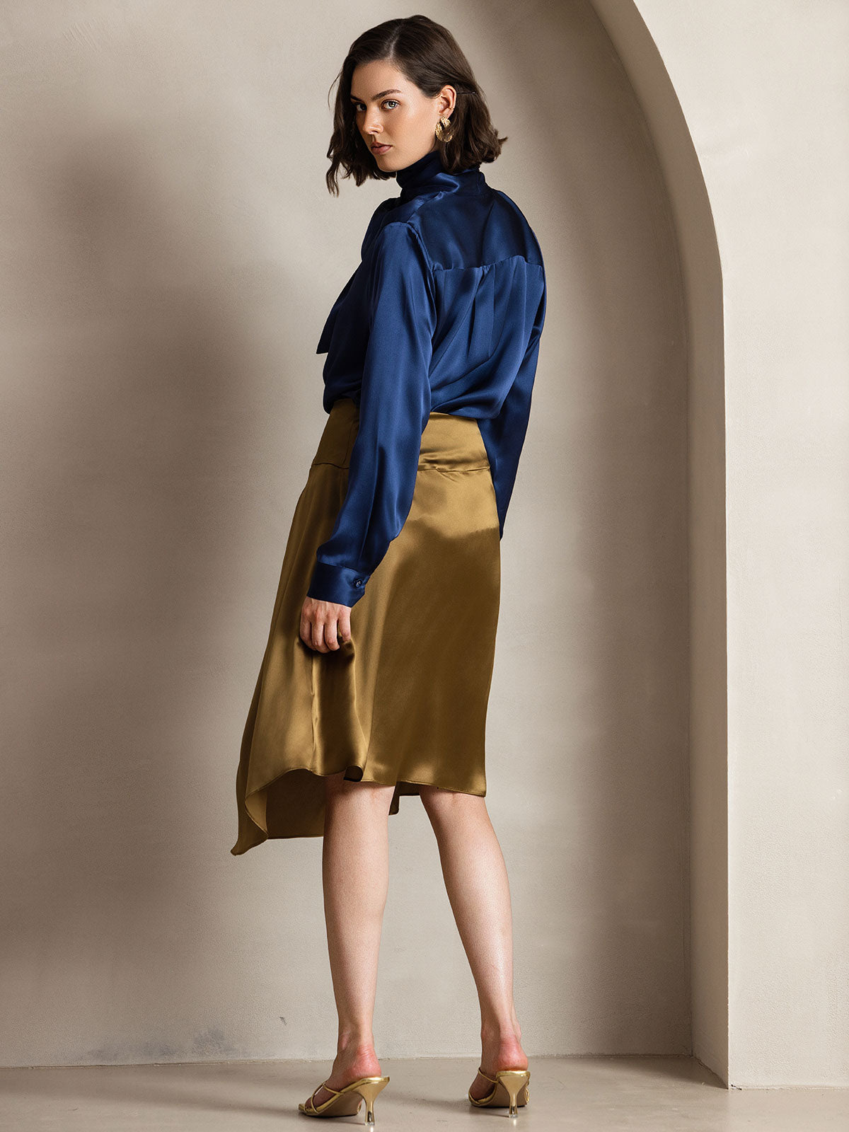 [Azul Oscuro] SilkSilky-ES 19Momme Manga larga Blusa 004