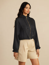 [Negro] SilkSilky-ES 18Momme Manga larga Cuello Alto Chaqueta de mujer 006