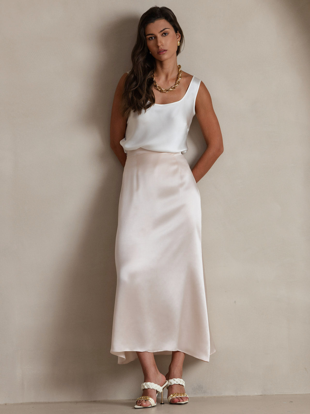 [Blanco] SilkSilky-ES 19Momme Seda Cuello en U Top de tirantes 007