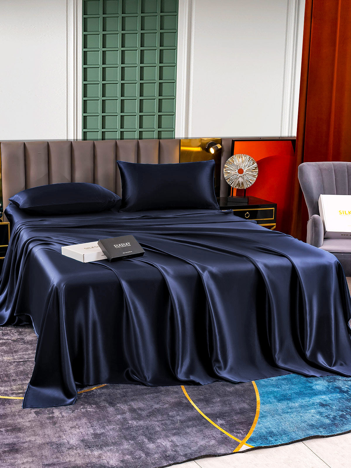 [Azul Oscuro] SilkSilky-ES 25Momme Seda Pura Bedding Set 002