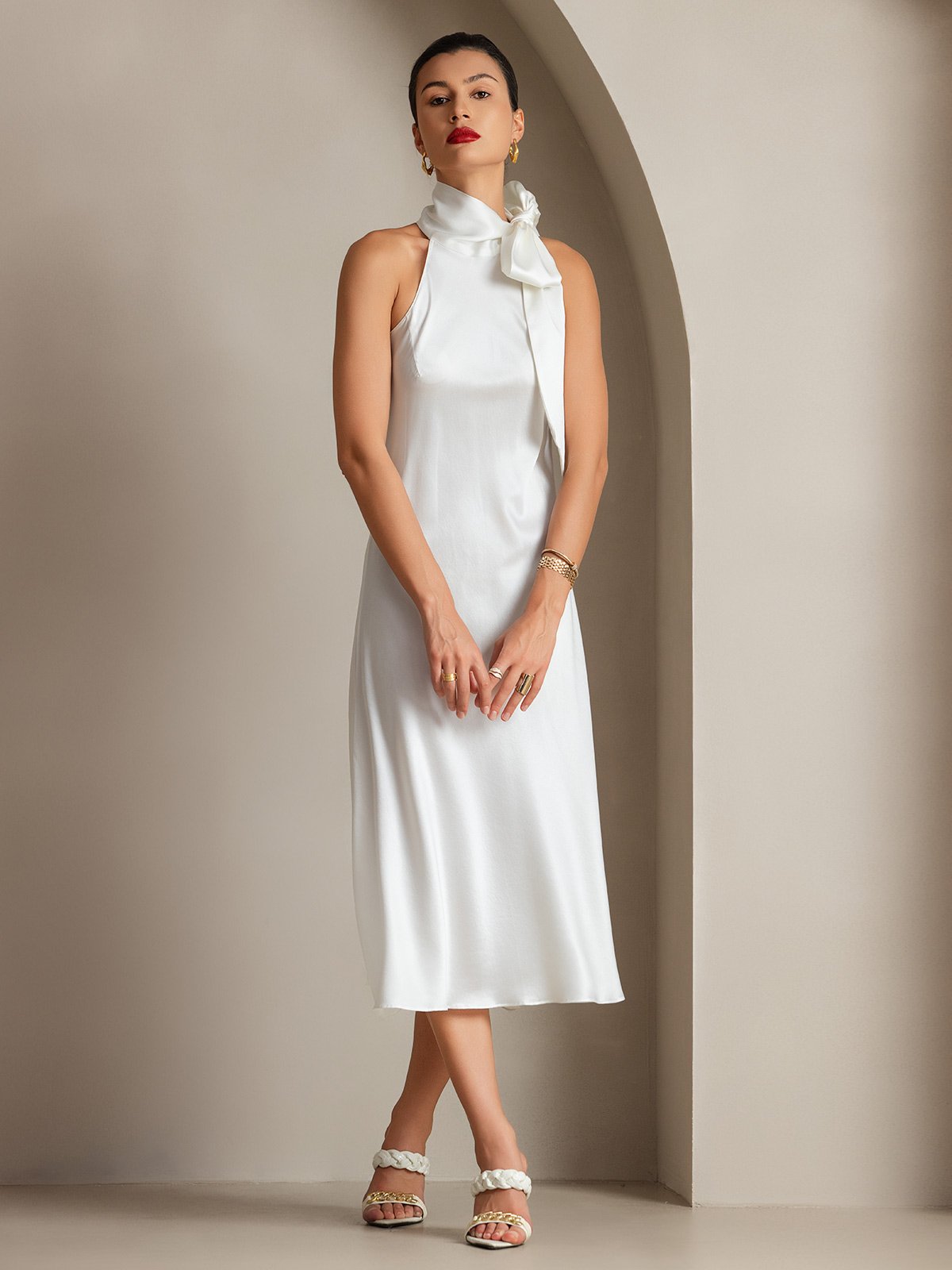 [Blanco] SilkSilky-ES 19Momme Seda Sin mangas Corbata Vestido 001