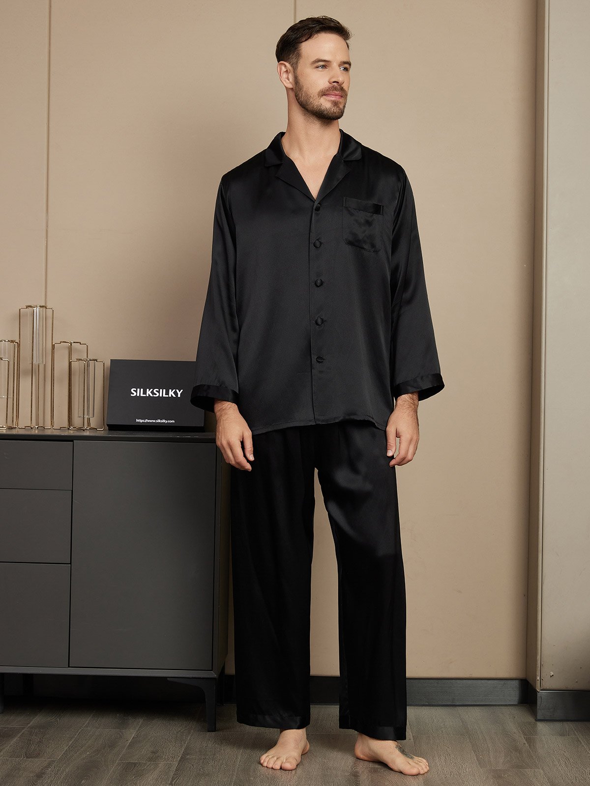 [Negro] SilkSilky-ES Seda Pura Mens Pajamas 001