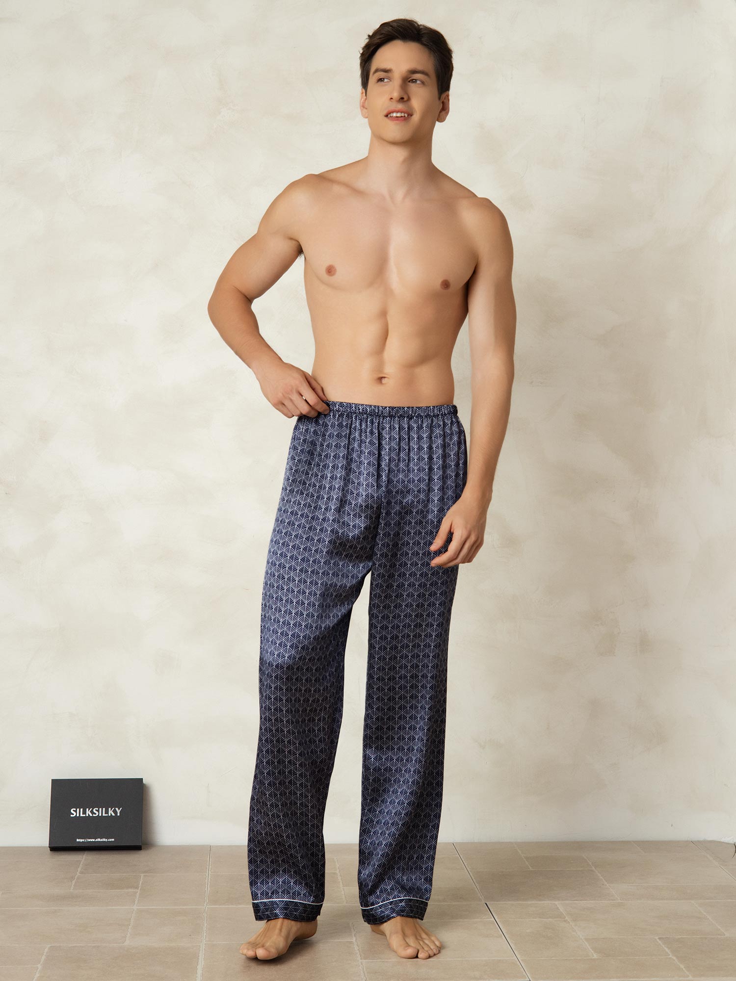 [Ginkgo Azul Marino] SilkSilky-ES Seda Pura Mens Sleep Bottoms 004