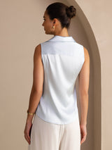 [Azul Claro] SilkSilky-ES Sleeveless Lapel Collar Blusas de Mujer 002