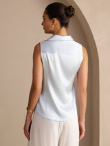 [Azul Claro] SilkSilky-ES Sleeveless Lapel Collar Blusas de Mujer 002
