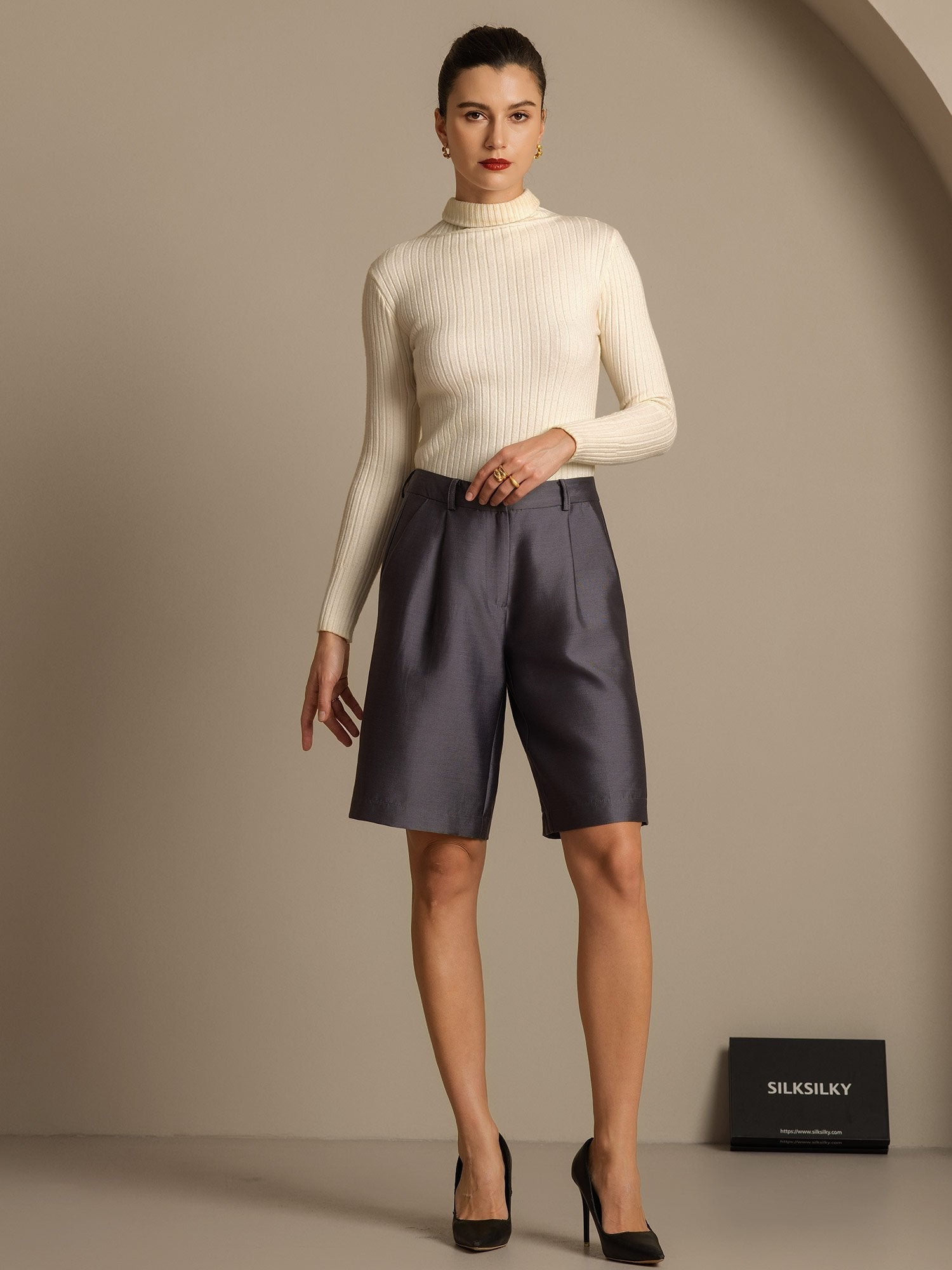 [Gris] SilkSilky-ES 32Momme Silk-Wool Blend Womens Shorts 006,