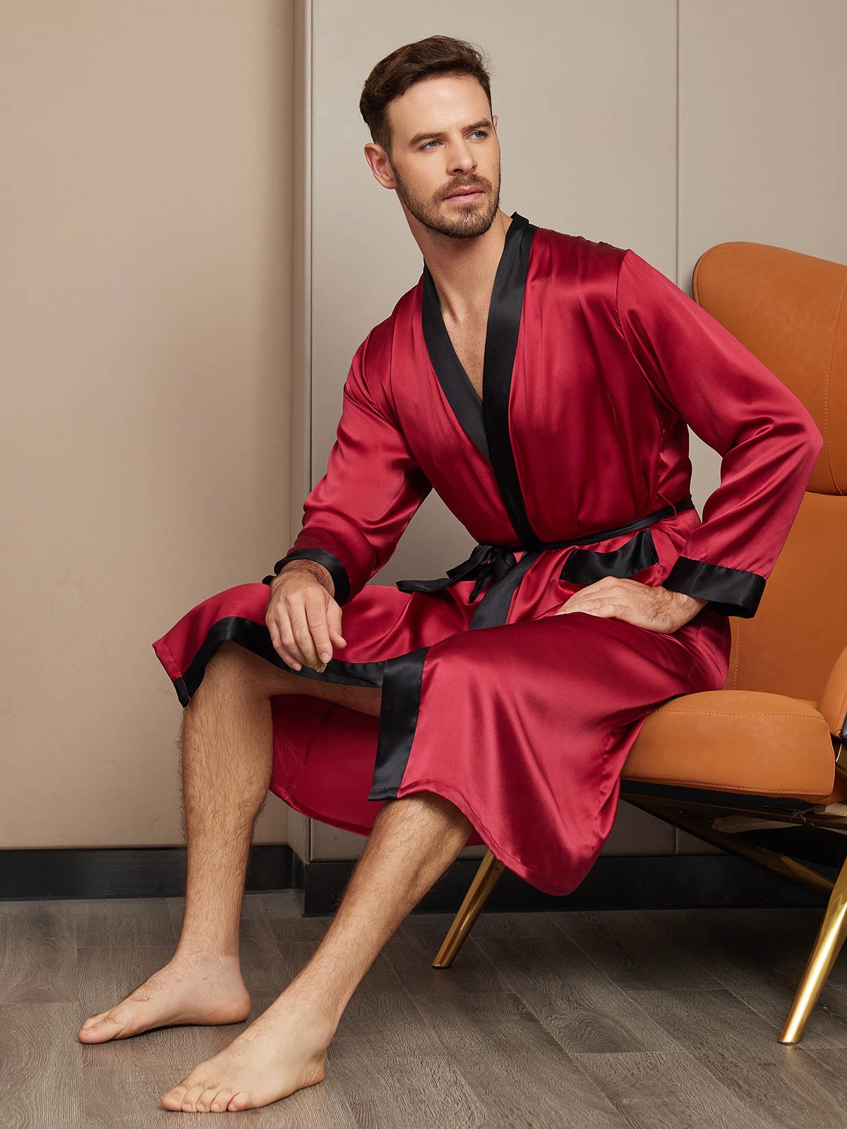 SilkSilky ES Seda Pura Manga larga Mens Robe Vino 004