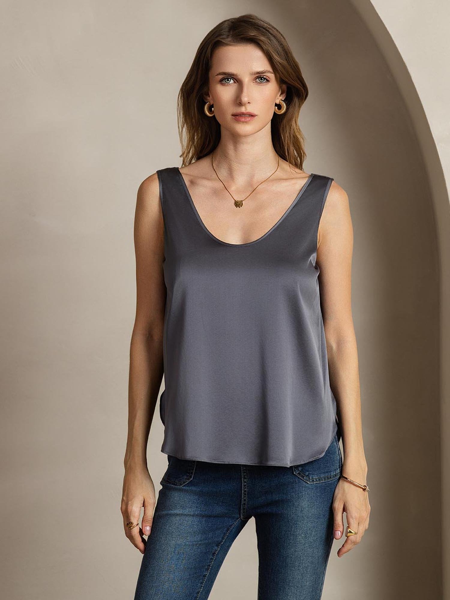 [GrisOscuro] SilkSilky-ES 19Momme Seda Cuello en U Camisetas de Mujer 002