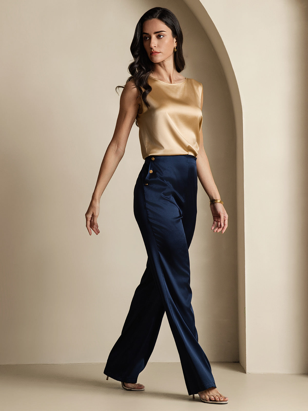 [Azul Oscuro] SilkSilky-ES 19Momme Seda Womens Pants 007