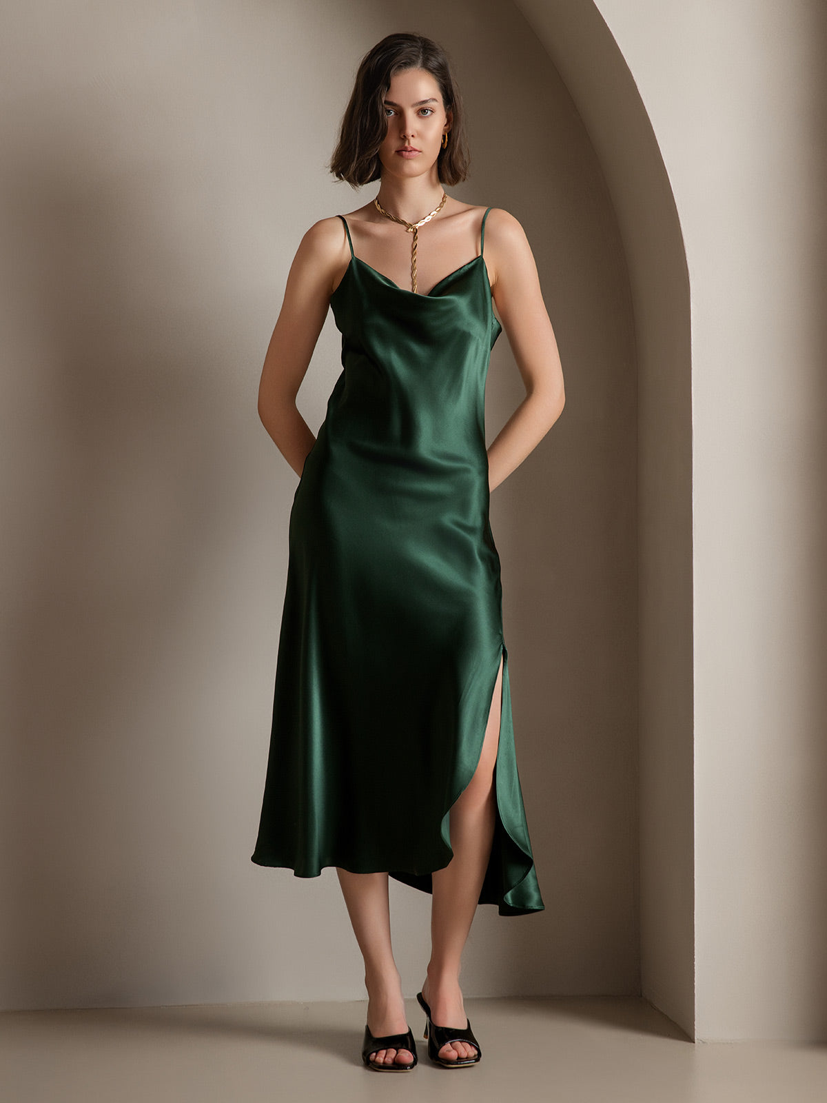 [Verde Oscuro] SilkSilky-ES 19Momme Seda Pura Sin mangas Escote Caído Vestido 005
