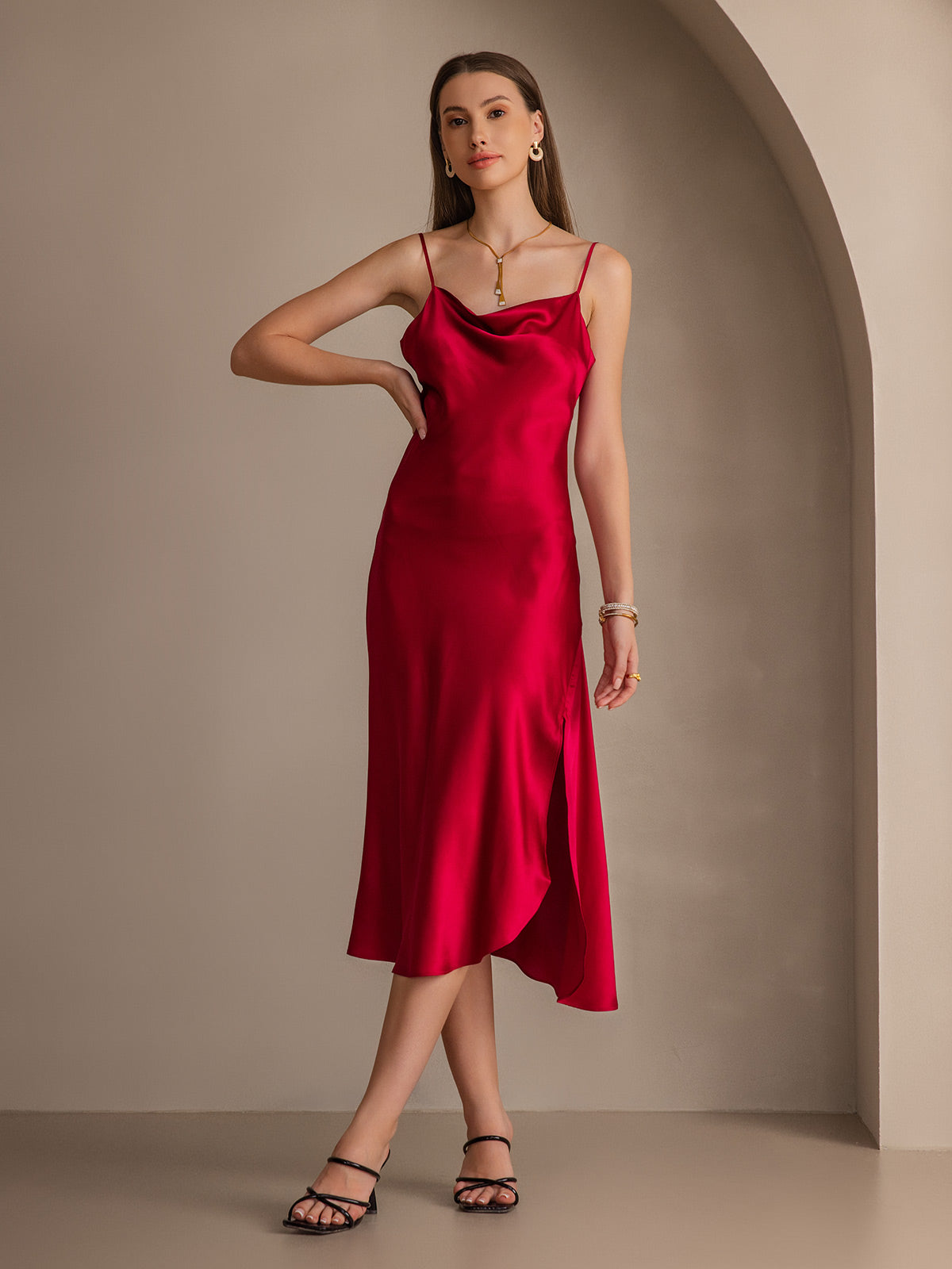 [Vino] SilkSilky-ES 19Momme Seda Pura Escote Caído Vestido 007