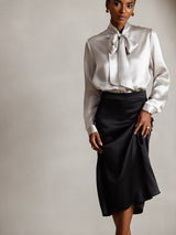 [Gris Claro] SilkSilky-ES Long Sleeve Tie Neck Blusas 001