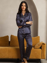 [Cadena Azul Marino] SilkSilky-ES Seda Pura Womens Pajamas 005,