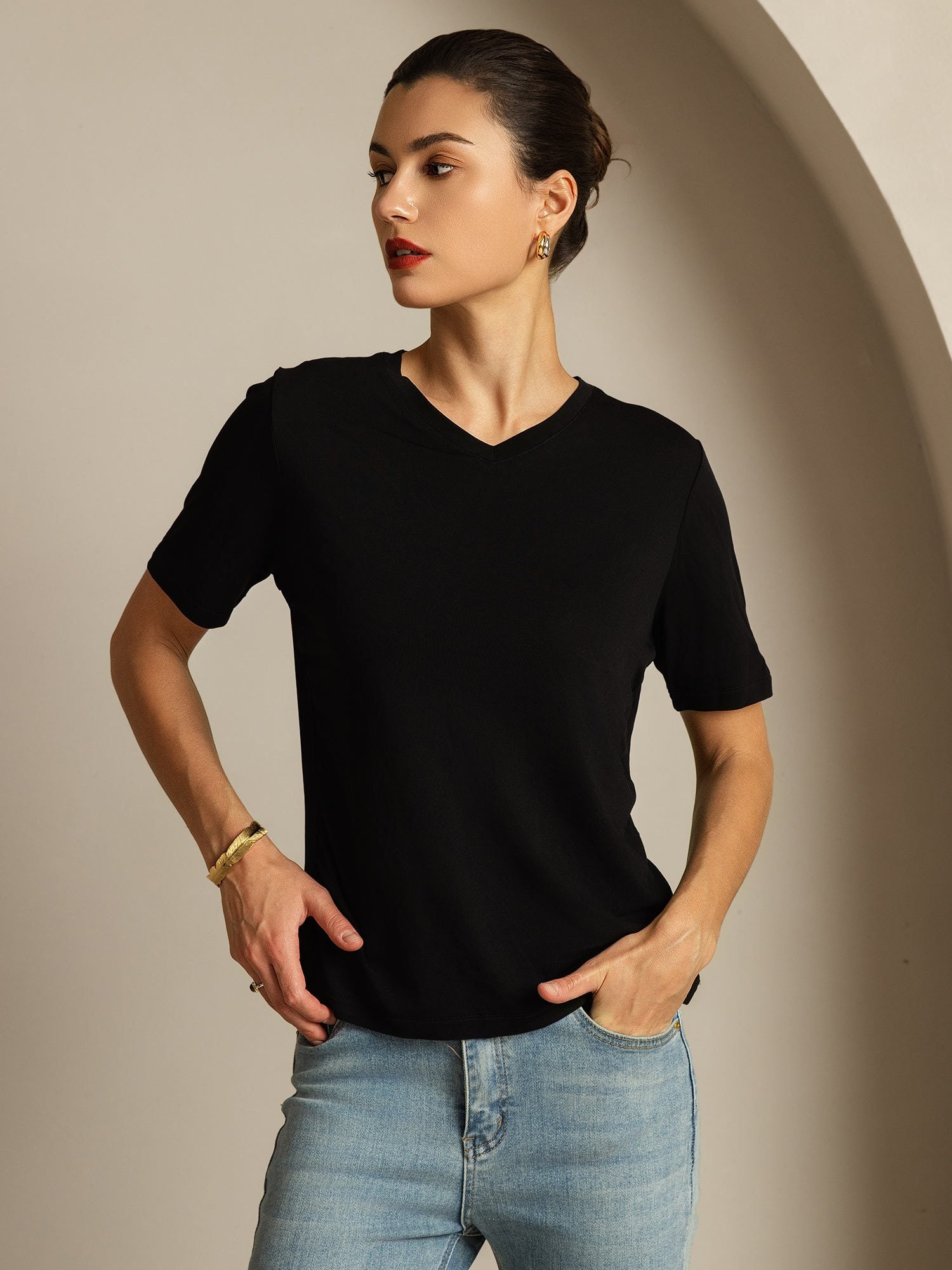 [Negro] SilkSilky-ES Seda Pura Cuello en V Camisetas de Mujer 006