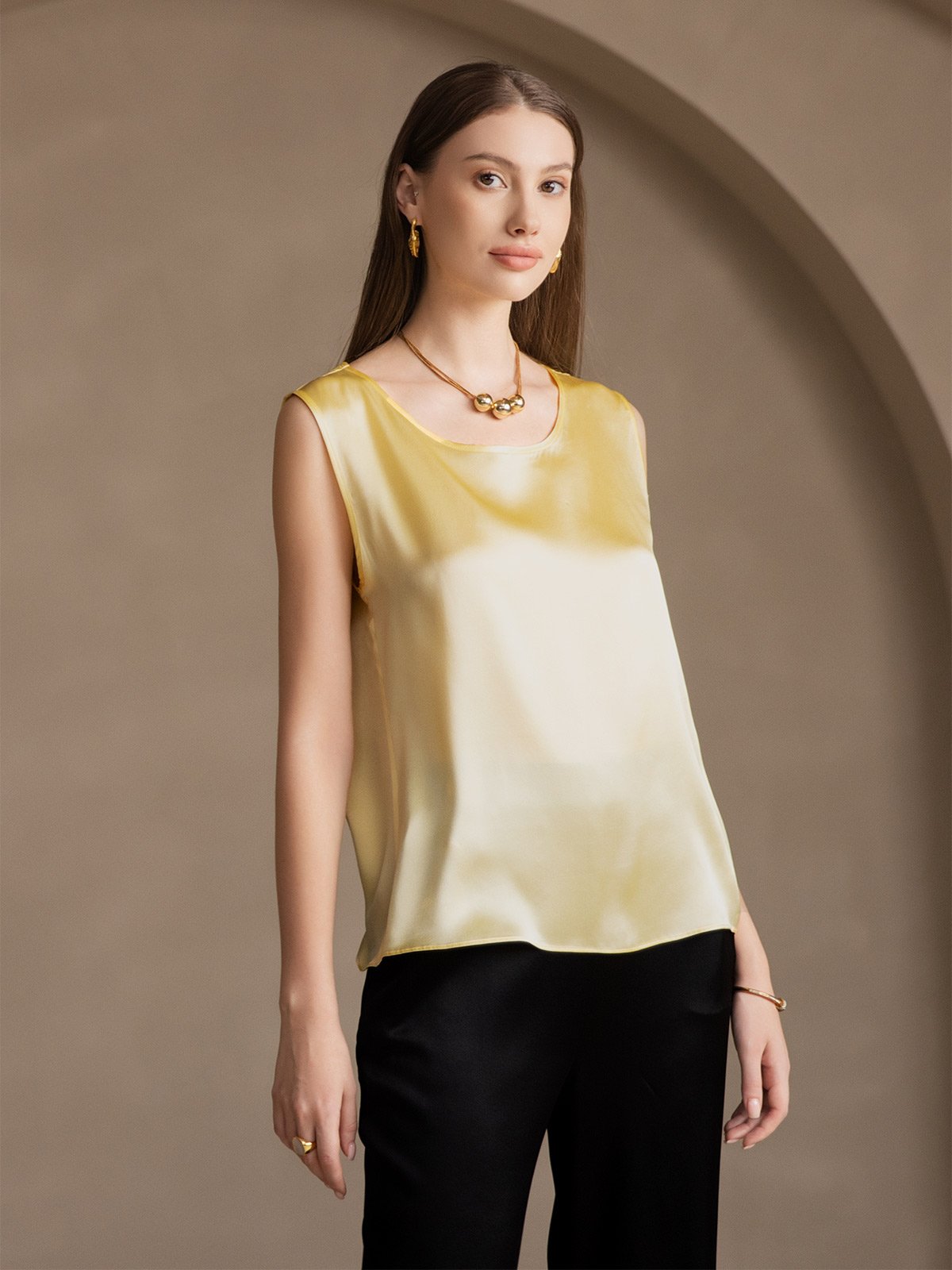[Amarillo Claro] SilkSilky-ES 19Momme Seda Camisoles 005
