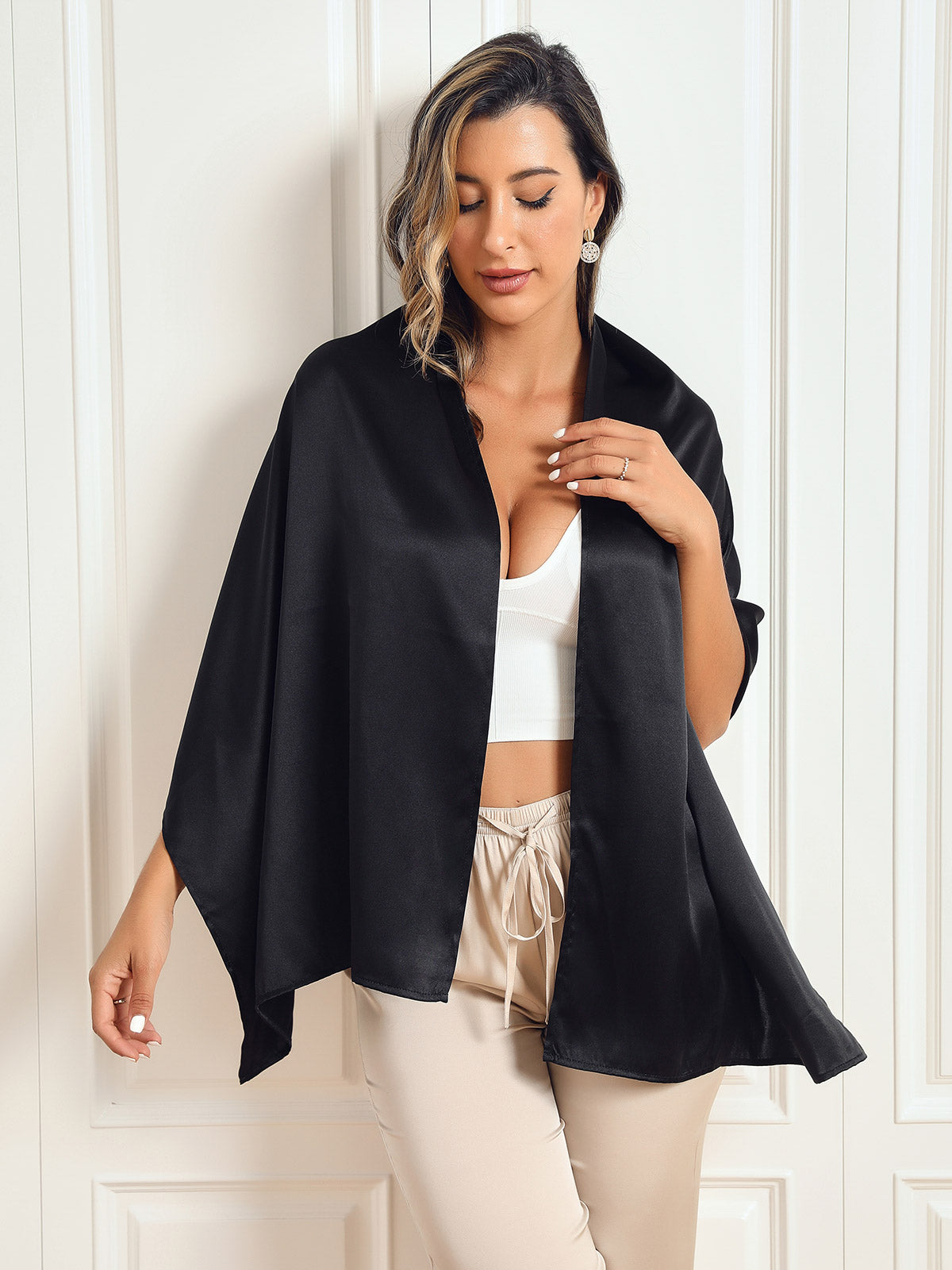 [Negro] SilkSilky-ES Seda Pura Scarf 001