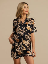[Dragón Negro] SilkSilky-ES Short Sleeve Lapel Collar Pijamas de mujer 004