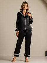 [Negro] SilkSilky-ES Long Sleeve Lapel Collar Pijamas de mujer 007