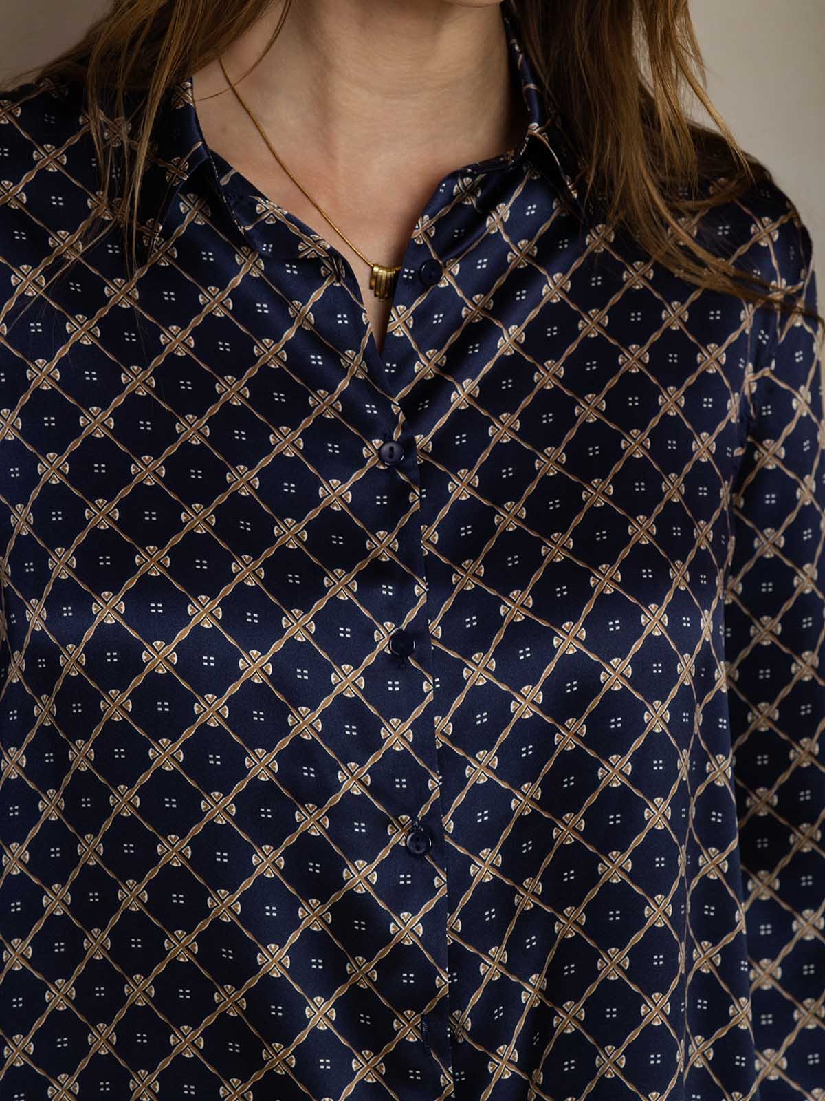 [Cadena Azul Marino] SilkSilky-ES 19Momme Seda Cuello Camisero Women''s Outfit Sets 005