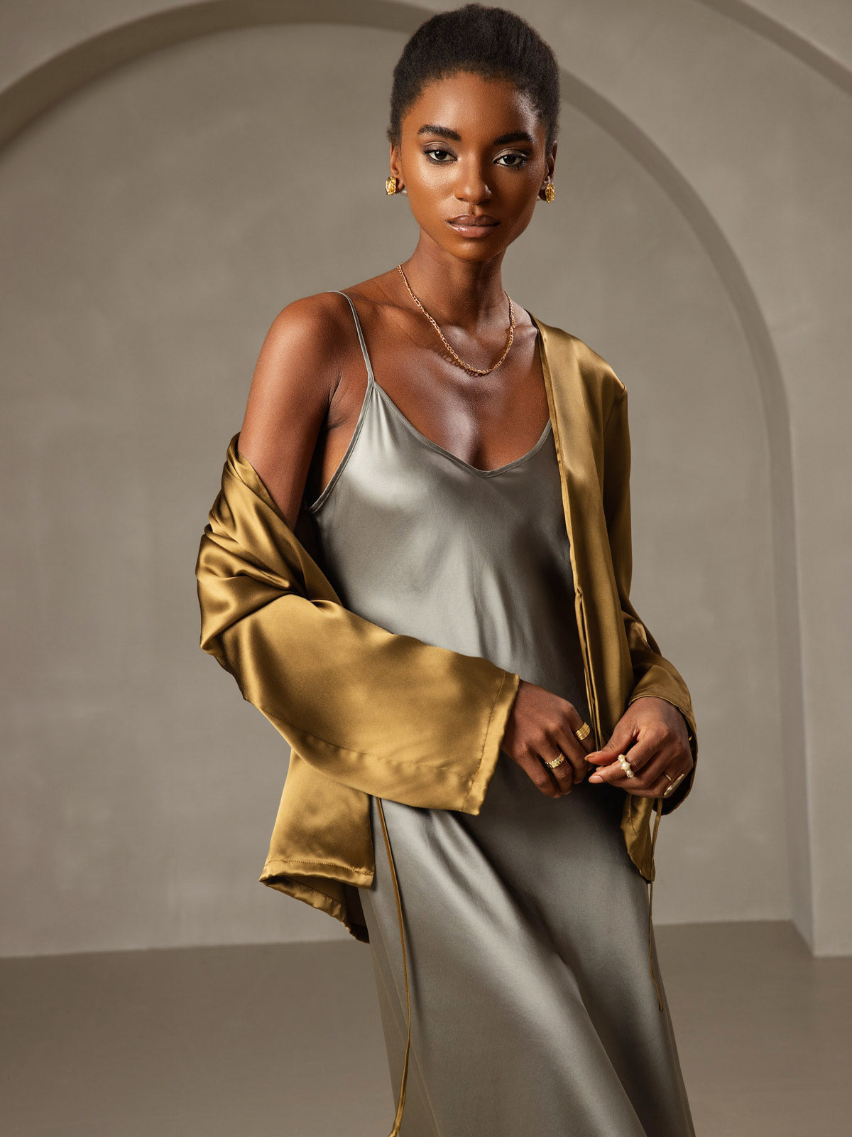 [Verde Grisáceo] SilkSilky-ES Spalline Sottili Cuello en V Vestido 003