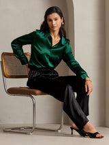 [Verde Oscuro] SilkSilky-ES Long Sleeve Lapel Collar Blusas de Mujer 003