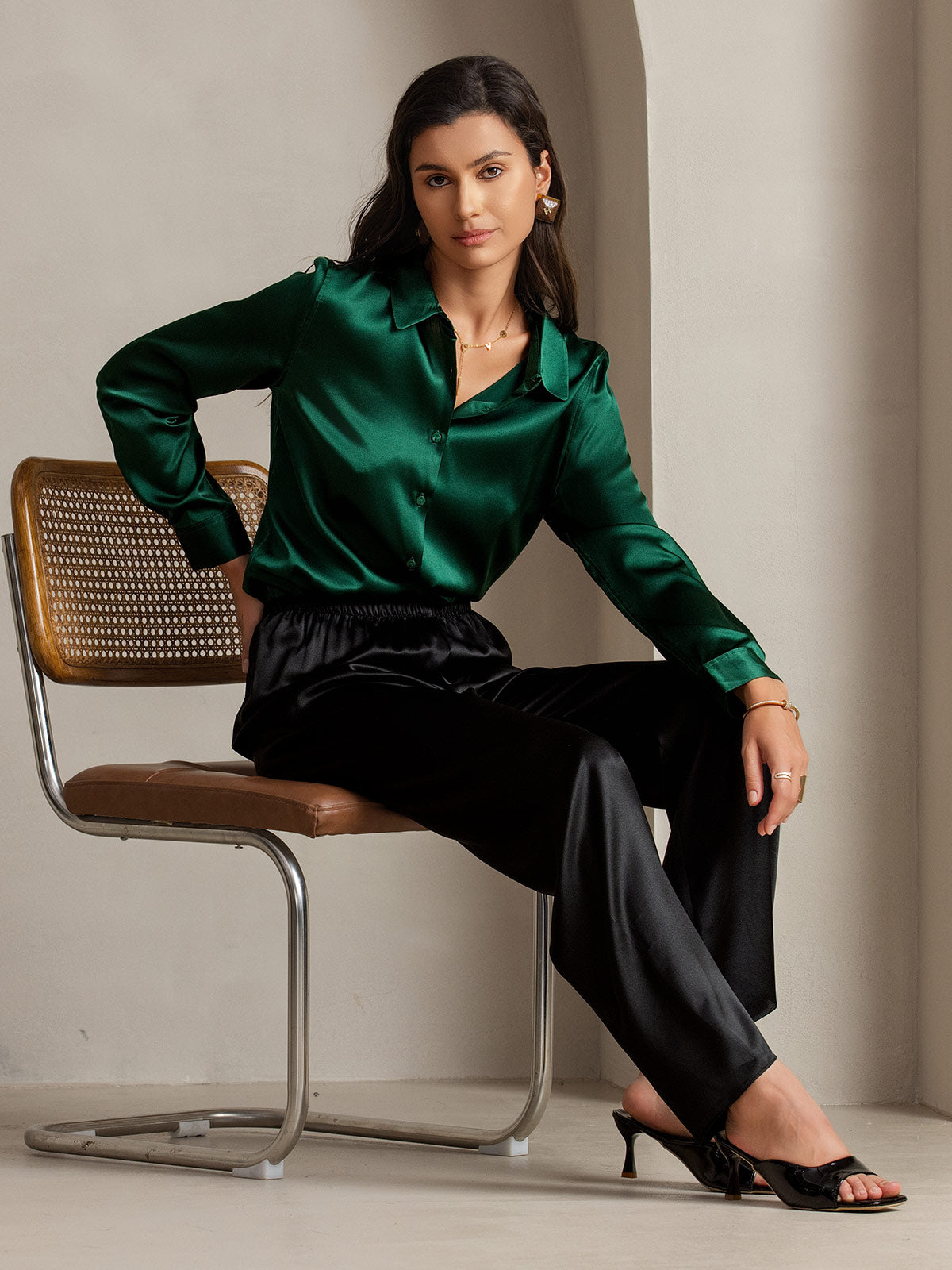 [Verde Oscuro] SilkSilky-ES 19Momme Manga larga Cuello con Solapa Blusas de Mujer 003