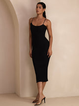 [Negro] SilkSilky-ES Spaghetti Strap Boat Neck Vestido 006