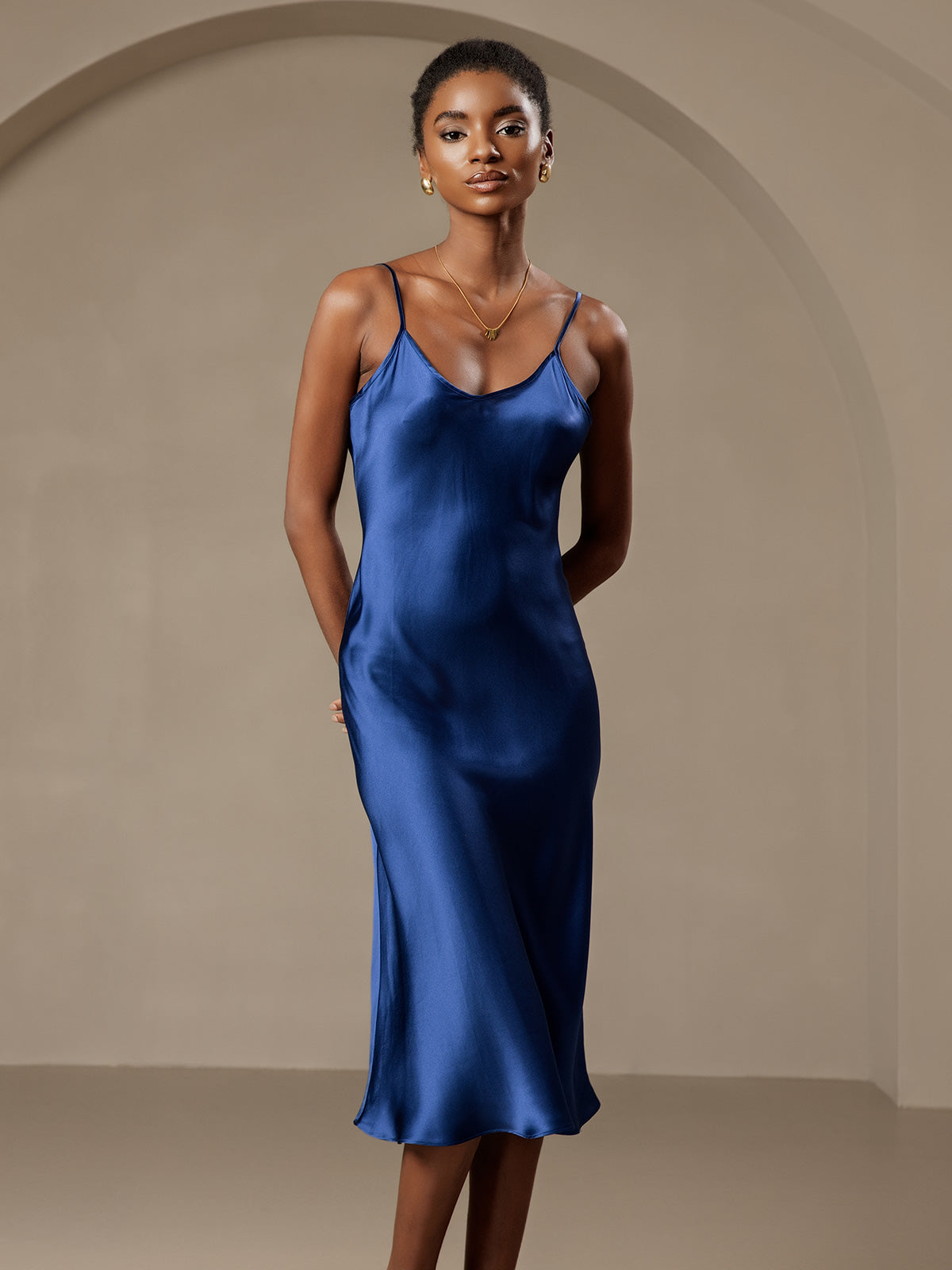 [Azul Oscuro] SilkSilky-ES Seda Pura Cuello en V profundo Vestido 005